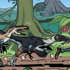 Paul rennt mit einem Dinoei vor Dinosauriern davon