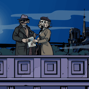 Die Comic-Illustration zeigt zwei Mysteriöse Gestalten auf einer Brücke bei Nacht. Vermutlich handelt es sich um zwei Spione die geheime Dokumente austauschen.