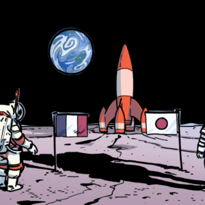 Zwei Astronauten aus Japan und Frankreich stehen auf dem Mond, vor ihnen eine Rakete und sie blicken auf die Erde herunter